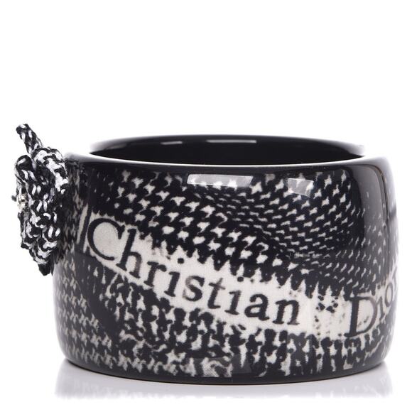 AUTH VTG Christian Dior LadyD Houndstooth Logo Tweed Crystal Bangle Bracelet - Picture 1 of 12